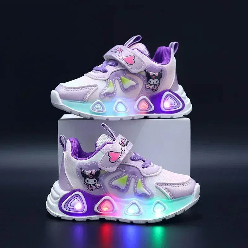 Sanrio LED Spring  Autumn New Breathable girl Running Shoes hello kitty children sneakers with lights kuromi  Mesh Casual Shoes