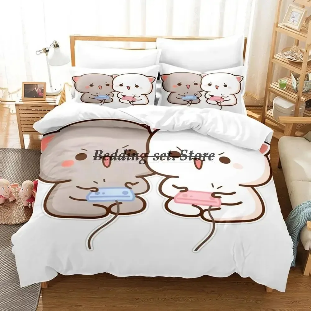 Lovely Peach Cat Bedding Set Cartoon Comforter Sets Double Queen King Twin Full Size Duvet Cover Set Kids Girls White Bed Linen