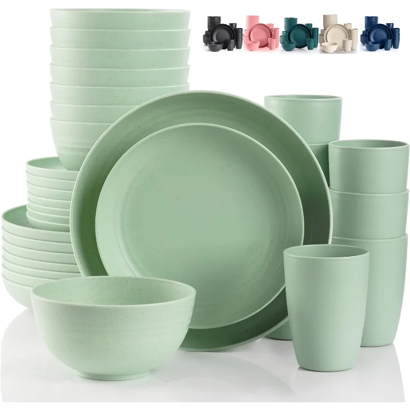 Camping Plates Cups and Bowls Set Green Reusable Microwave Safe Lightweight Unbreakable Plastic Dishes Set