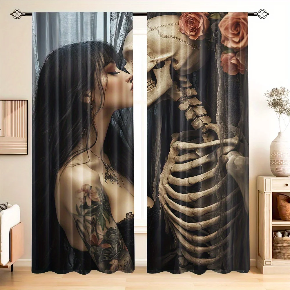 Gothic Skull & Girl Curtain Tattooed Beauty & Skeleton Print Drape, Dark Aesthetic Window Treatment for Living Room Bedroom Home
