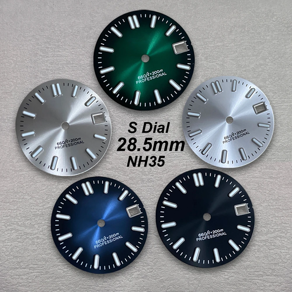 

28,5 мм Высокое качество S логотип NH35 градиент Sunray циферблат подходит для механизма NH35/NH36 зеленый светящийся NH35 аксессуары