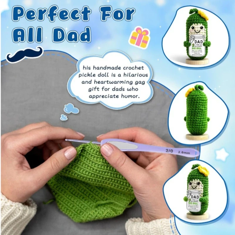 Funny Positive Energy Theme Hand Knitted Crochet Cucumber Figurine Cute Cartoon Styling Living Room Shelf Ornament Warm Comfort