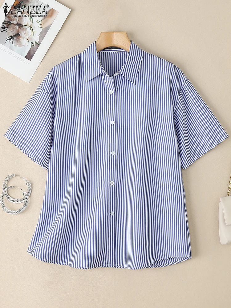 

ZANZEA Striped Turn-Down Collar Shirts 2025 Summer Button Up Short Sleeve Fashion Tops Commute Work Casual Women Chemise Femme