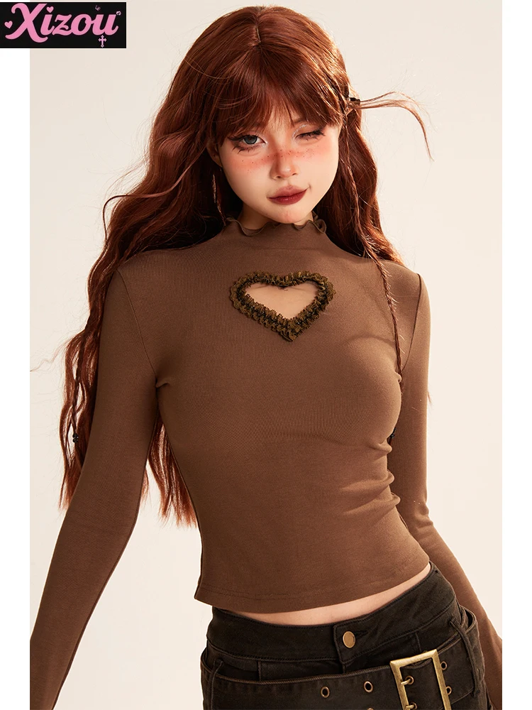 

Sweet Girly Semi-turtleneck Bottoming Shirt Women's Autumn and Winter Love Hollow Slim Slim Inside Long-sleeved T-shirt Top Girl