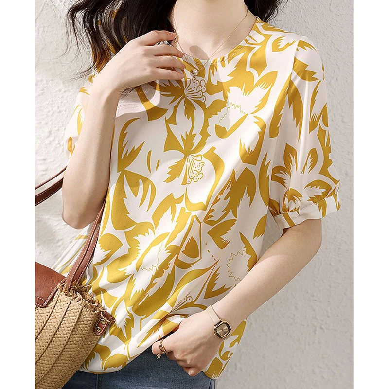 Elegant O-Neck All-match Printed Chiffon Blouses Women Clothing 2024 Summer New Loose Short Sleeve Chic Tops Sweet Shirts