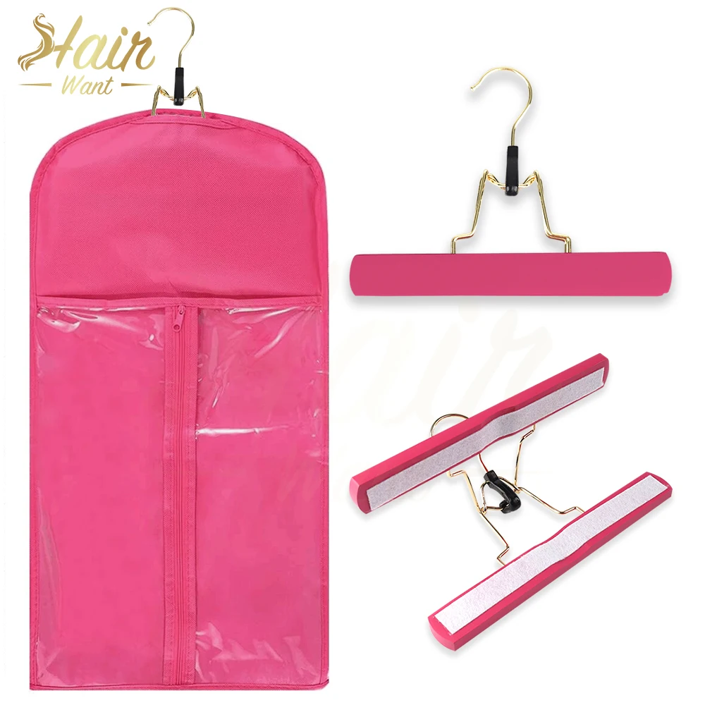Hair Want Hair Extension Storage Bag with Wooden Hanger Holder Wigs Pouch WaterProof Suit Organizer Protect for Hair Extensions