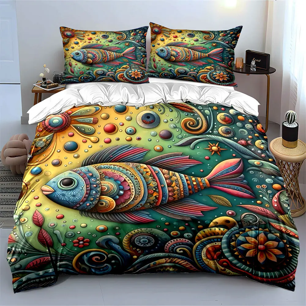 Colorful Fish Art Decorative Set Soft Skin-Friendly Bedding Set Includes 1 Duvet Cover And 2 Pillowcase, Gift