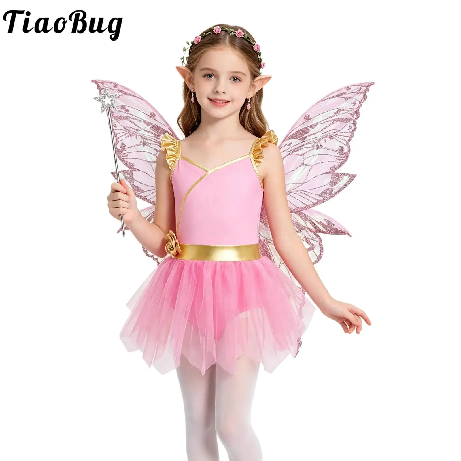 Girls Fairy Tale Green Elf Cosplay Costume Flying Sleeve Mesh Overlay Leotard with Butterfly Wing Garland for Halloween Party