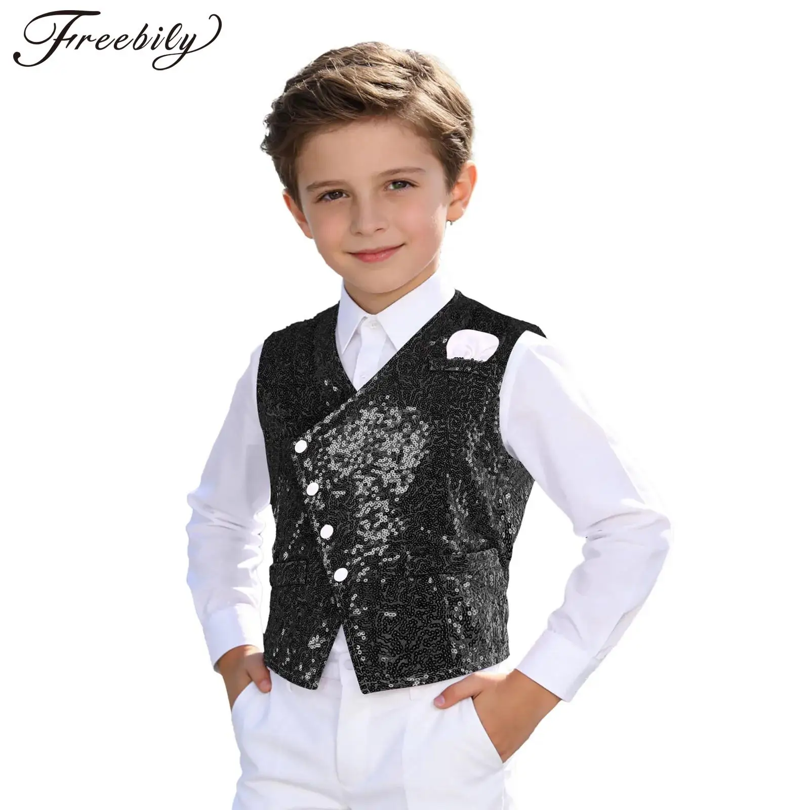 

Kids Boys Disco Jazz Dance Costume Sequin Waistcoat Fashion Childs Button-down Vest Glittery Tank Top for Party Prom Vests