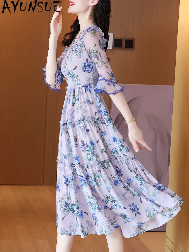 AYUNSUE 100% Natural Mulberry Silk Summer Dress Elegant Dresses for Women Fashion Female Clothing Floral Vestidos De Mujer