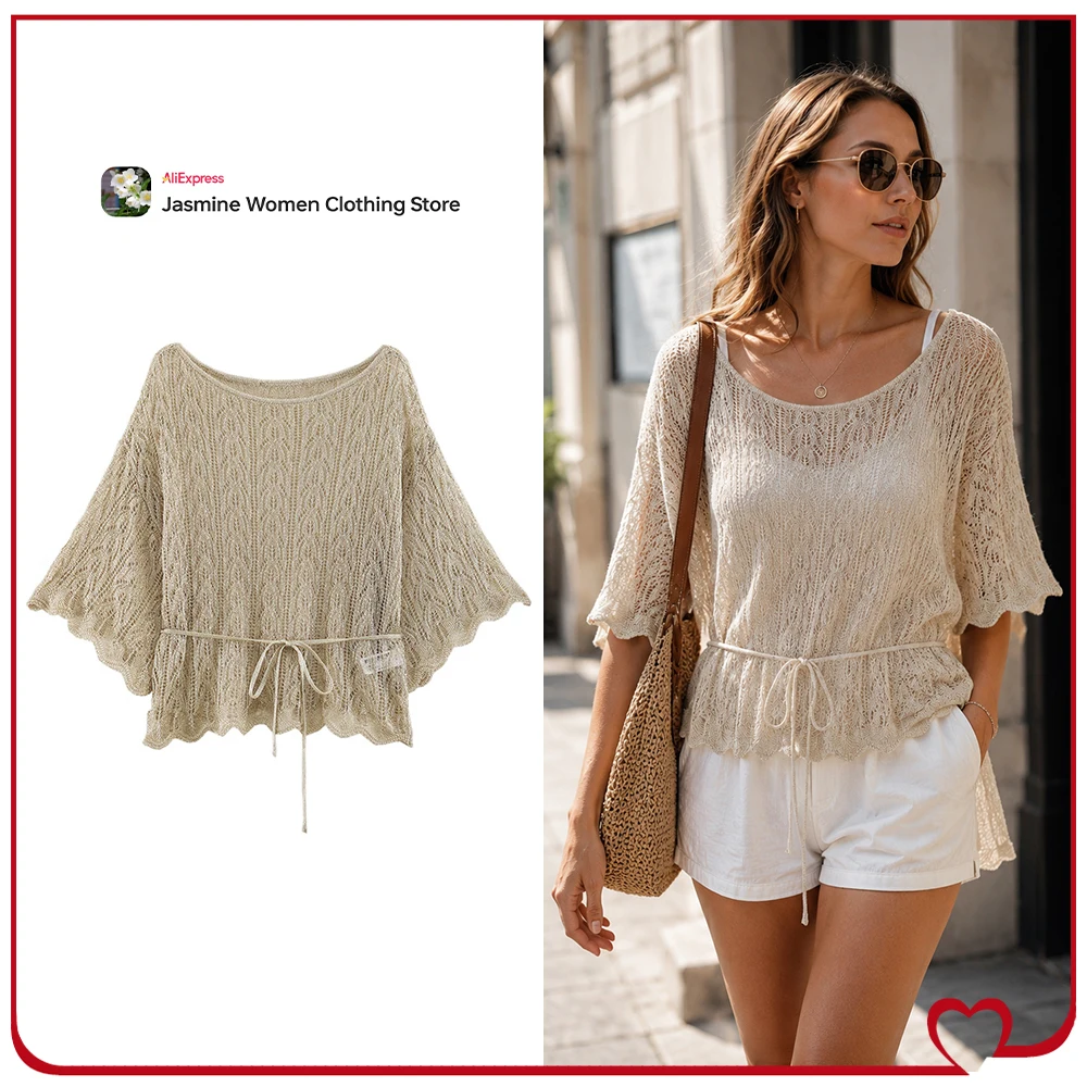 New in Summer Women Metallic Thread Knit Tops with Belt Elegant Fashion Gold Below-the-elbow Sleeve and Boat Neck Open-knit Tops