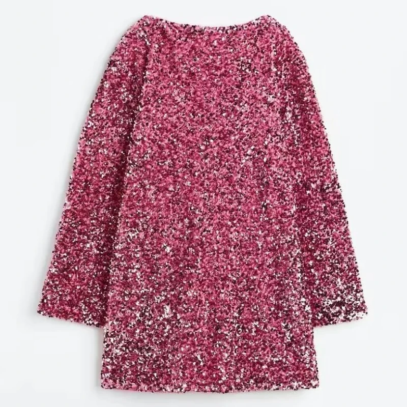 

Sequined Round Neck Mini Dress With Long Sleeves Back Knot