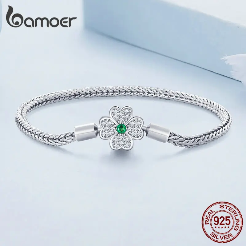 Bamoer 925 Sterling Silver Four-Leaf Clover Snake Basic Bracelet Pave Setting CZ for Women Beads and Charms DIY Fine Jewelry