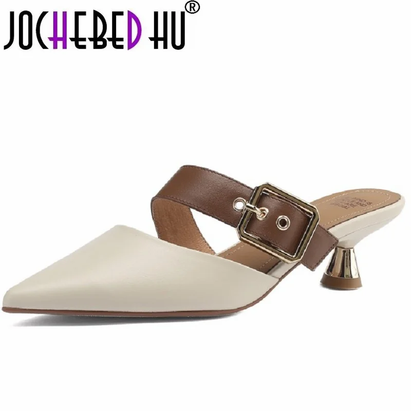 

【JOCHEBED HU】New Summer Women Brand Genuine Leather Pointed Toe High Heels Sandals Shoes for Shallow Mueller Slippers 34-40