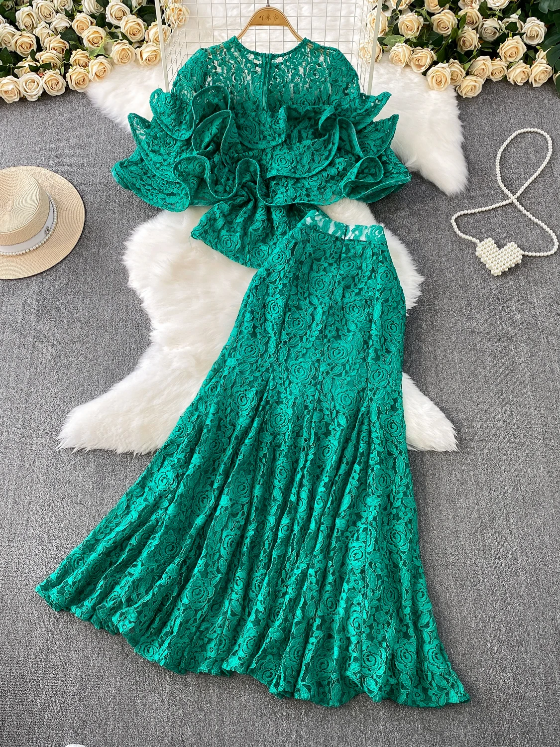 

Ele Lace Fi Tail f Skirt Set High Waist Slim Fit ort Sve round Ne Faionable Two Piece Suit for Young Women