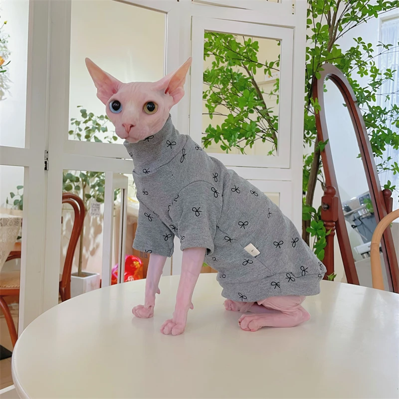 High-neck Grey Cotton Coat for Cat Winter Soft Warm Cute Bow Sweatshirt for Sphynx Cat in Autumn Devon Skin-friendly Loungewear