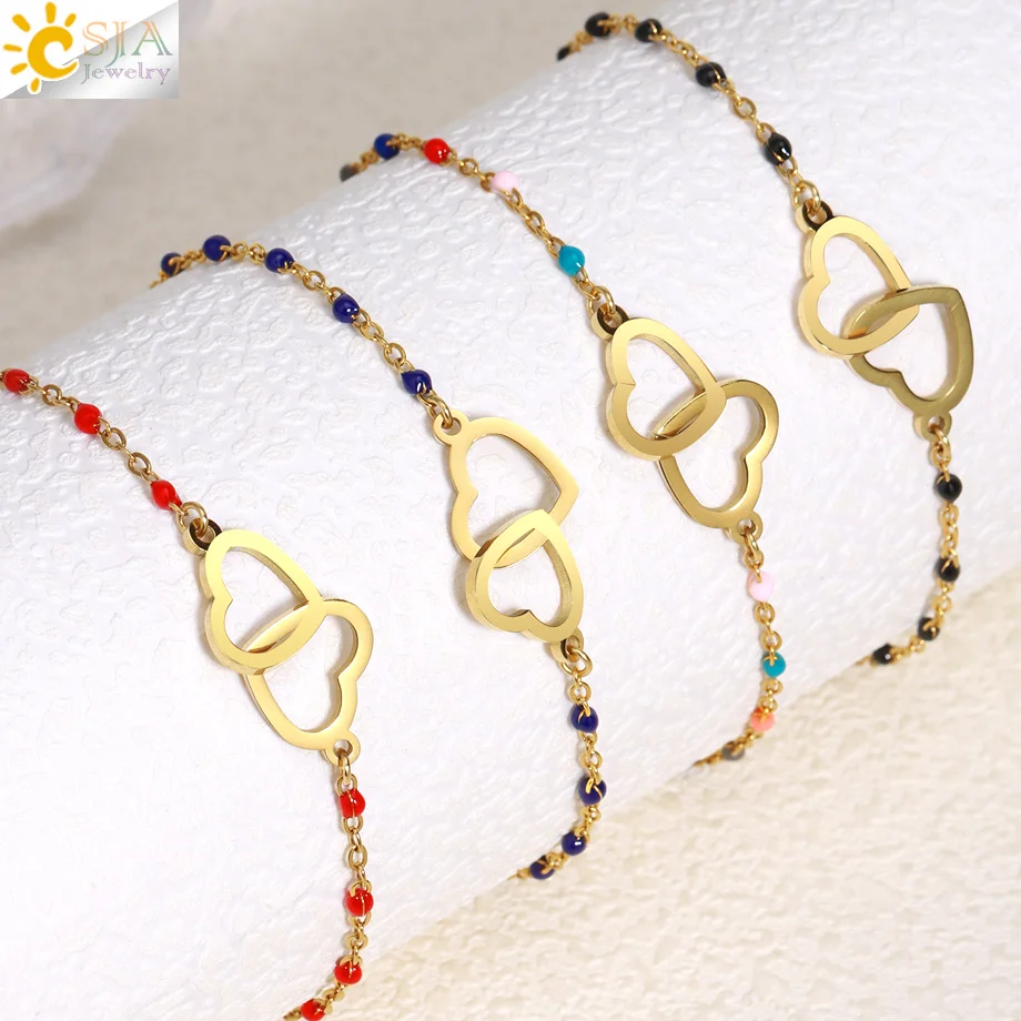 Stainless Steel Bracelets for Women Heart Charm Gold Color Link Chain Enamel Beaded Delicate Bracelet Summer Jewelry Gift T099