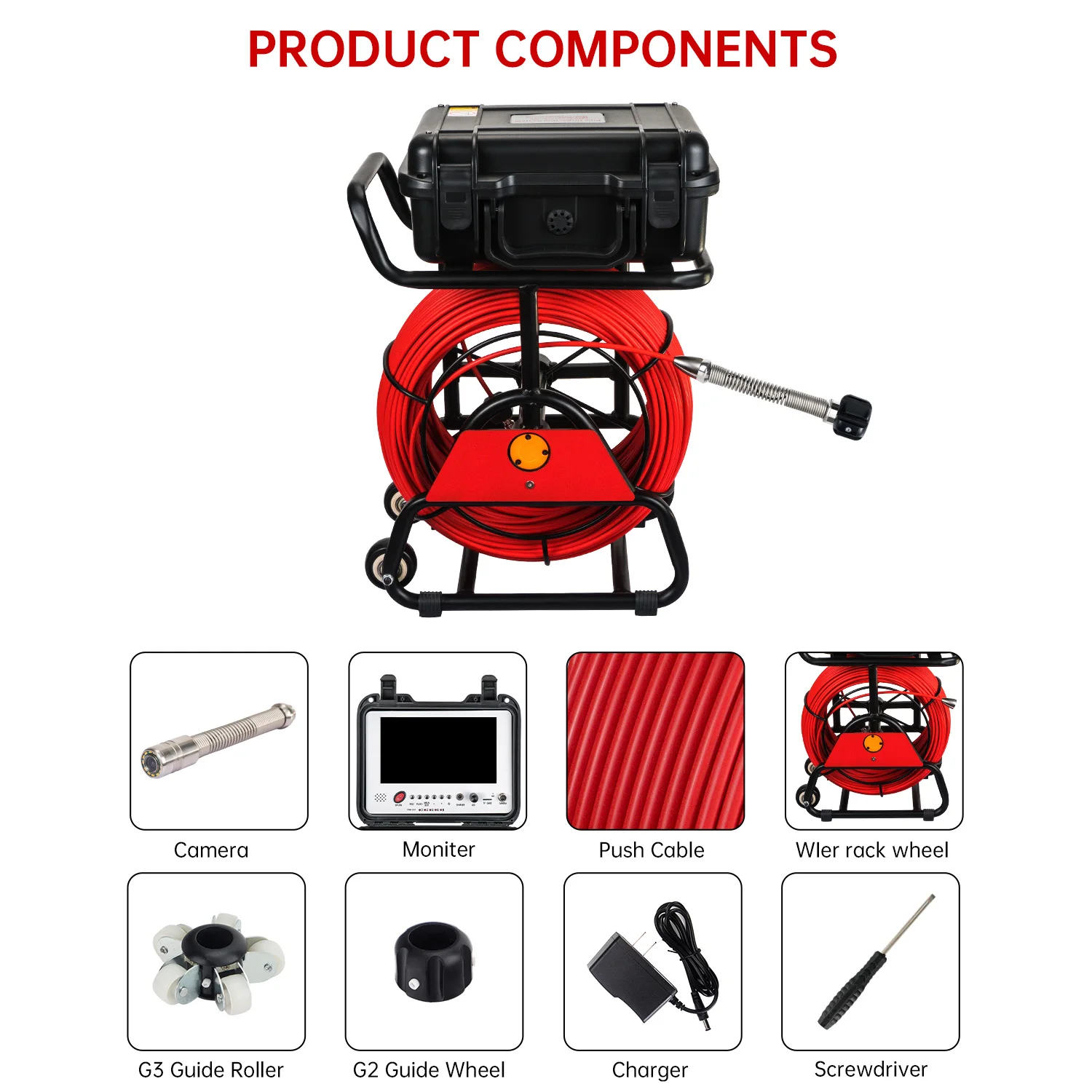Sewer Drain Self-leveling+512HZ Sonde+Locator Pipe Inspection Camera Endoscope 9Inch HD Screen 5MM Cable 16GB DVR