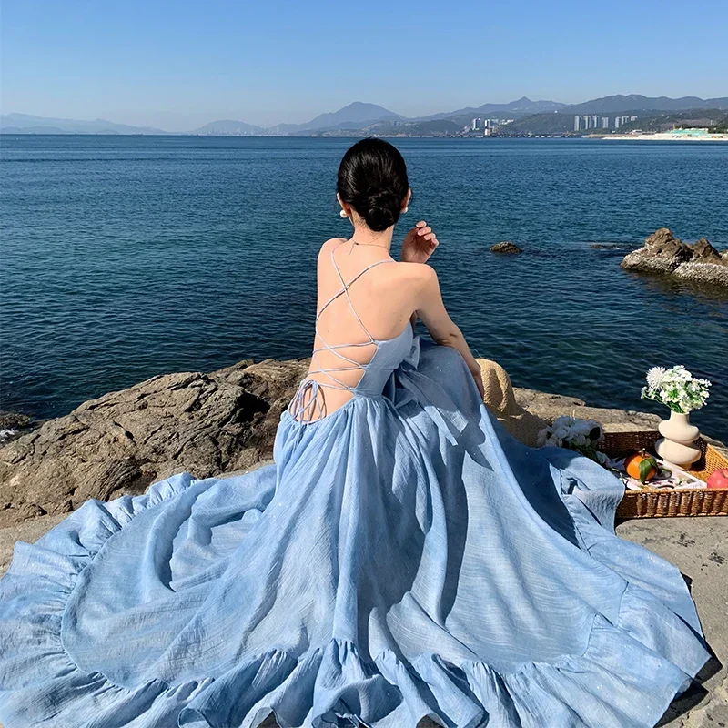 

Blue Gold Shimmering Ruffle Edge Camisole Dress For Women, Summer Bow Tie Tied Irregular Backless Long Dress