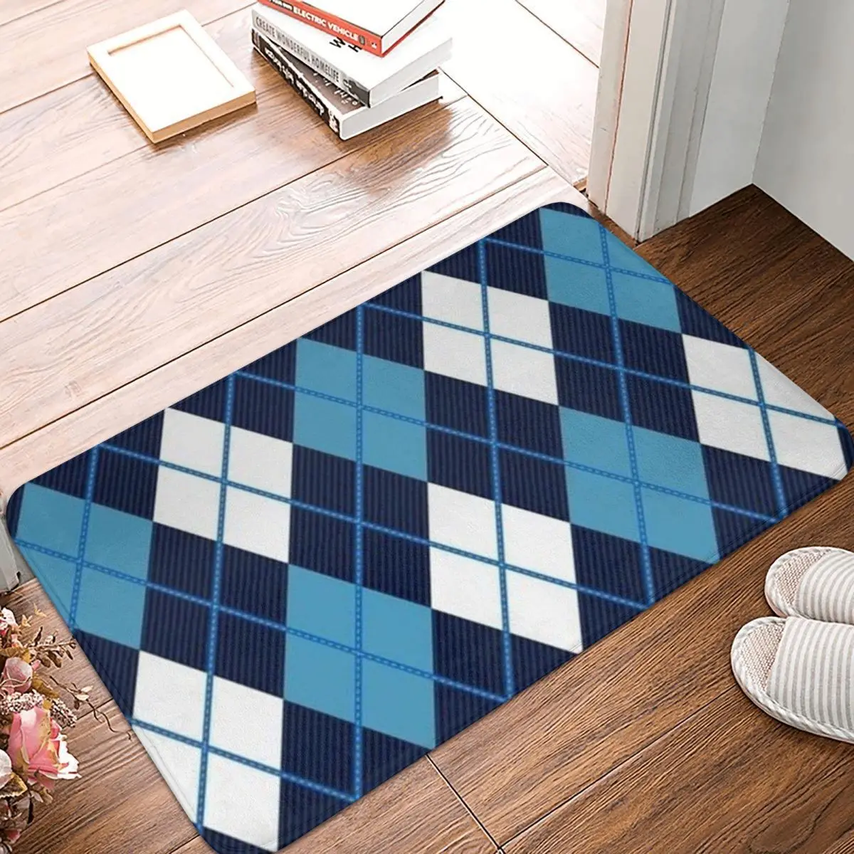 Blue Rhombus Bath Mat Diamond Velvet Soft Toilet Mat Kitchen Shower Room Non-slip Floor Mat Printed Bathroom Mats