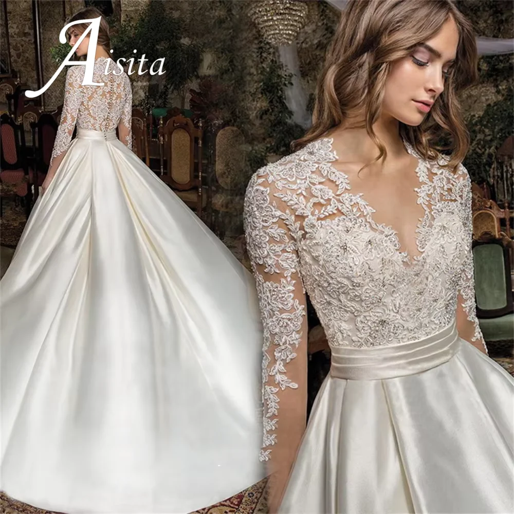 V-Neck Wedding Dresses Lace Applique Long Sleeves A-Line Bridal Gowns 2025 Princess Robes De Mariée Customized For Women