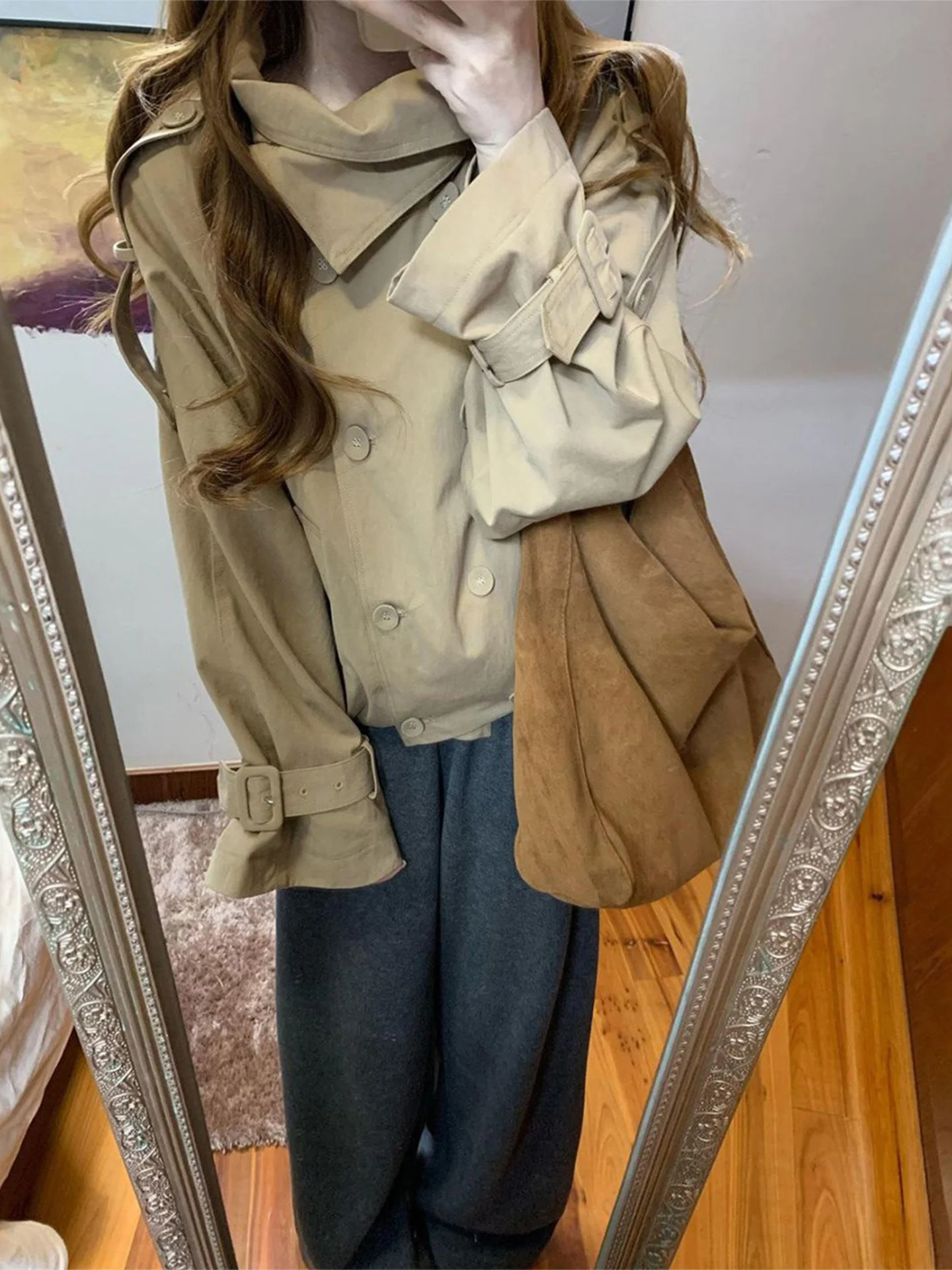 Kaki Color Short Coat Jacket Women's Casual Style Korean System Spring Autumn High Sensation Jacket Top Warmth Standard Fit