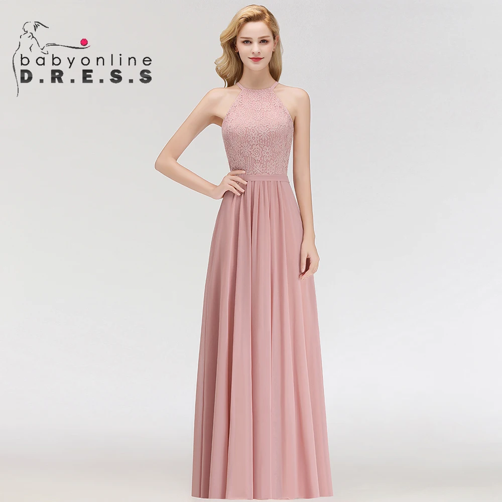 

BABYONLINE Bridesmaid Dress Sexy Halter Neckline Sleeveless Floral Lace Appqulies Chiffon A-line Skirt Wedding Party Guest Gown