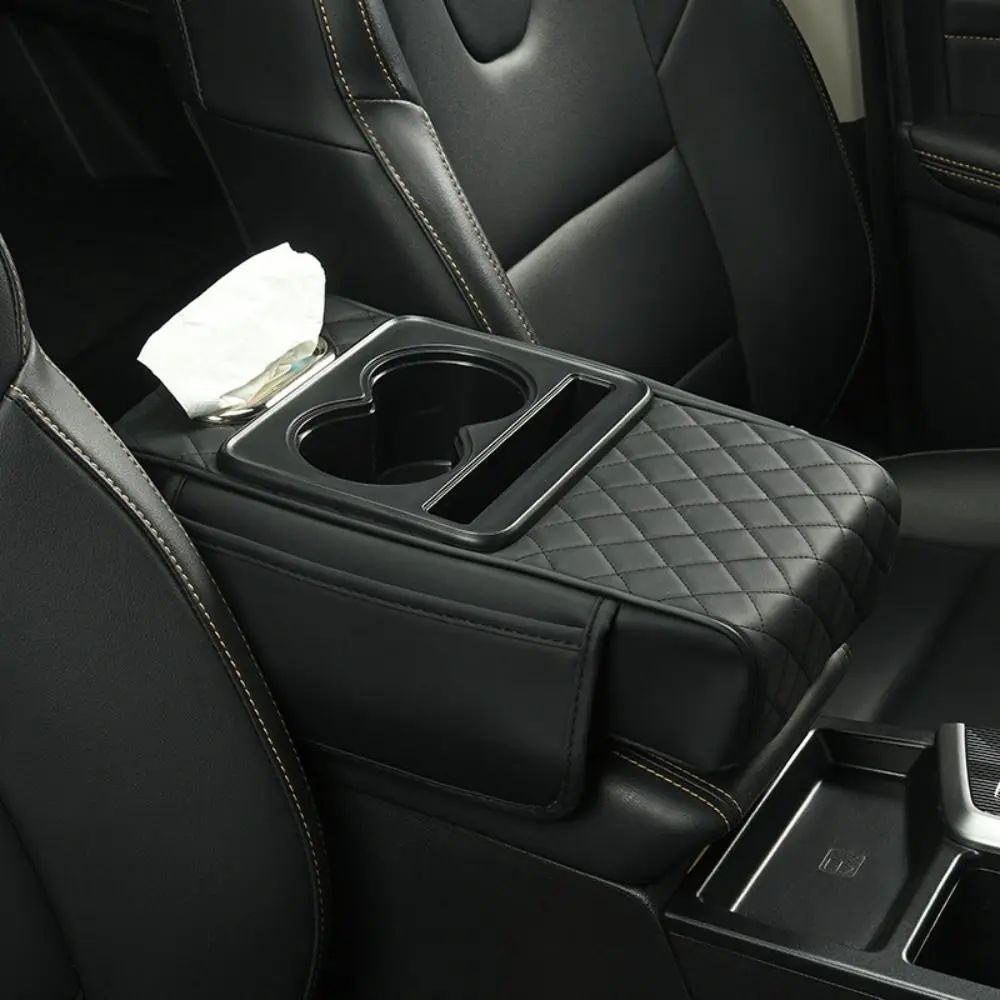 

New PU Leather Center Console Armrest Cushion with Cup Holder Tissue Box Portable Armrest Pad Car Armrest Pillow Storage Box