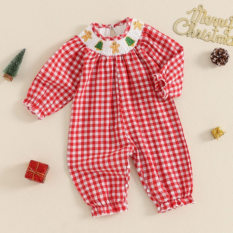 EWODOS Baby Girl Boy Christmas Romper Paid Print Long Sleeve Mock Neck Full Length Jumpsuit Overalls Autumn Clothes Loungewear