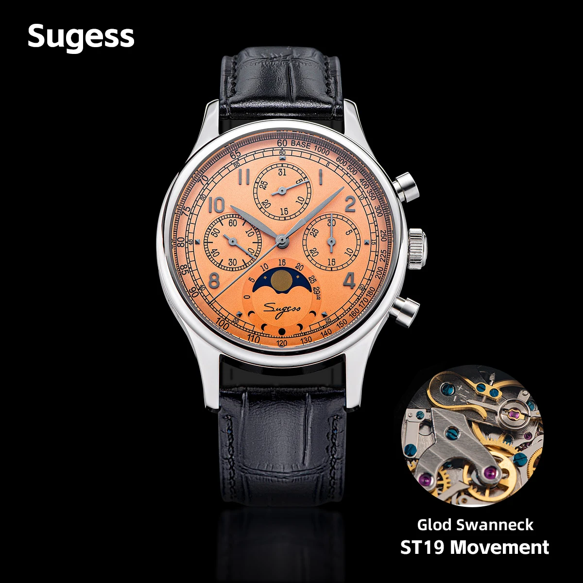 Sugess-Montre chronographe mécanique Tianjin ST1908 pour homme, montres-bracelets d'affaires, mouvement à col de cygne, phase de lune, saphir, nouveau, 2023