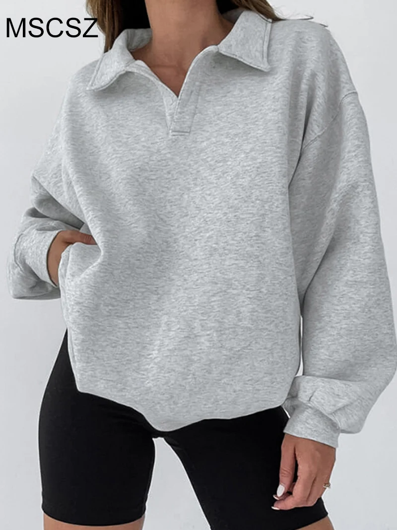 

MSCSZ 2024 New Oversized Sweatshirt Woman Solid Color Polo Collar Sweatshirt Fashion Casual Pullover Hoodies Grey