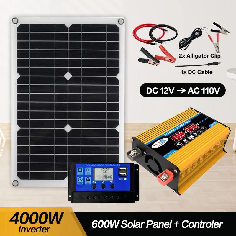 

12V to 110V/220V Solar Panel System 12V Solar Panel Battery Charge Controller 4000W Solar Inverter Kit Complete Power Generation