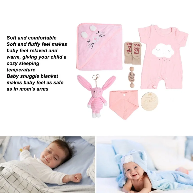 Baby Shower Gifts Basket Including Clothes Cute Doll Wooden Rattle Toy Funny Bibs Socks Greeting Card Newborn Baby Gifts Set