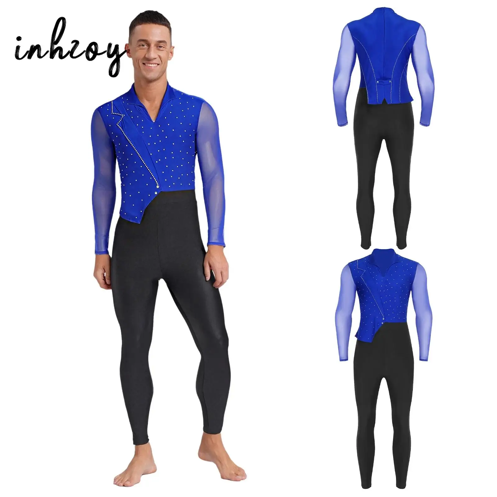 Combinaison de danse pour hommes, maille transparente, manches longues, strass, body pour patinage artistique, gymnastique, spectacle, compétition sur scène