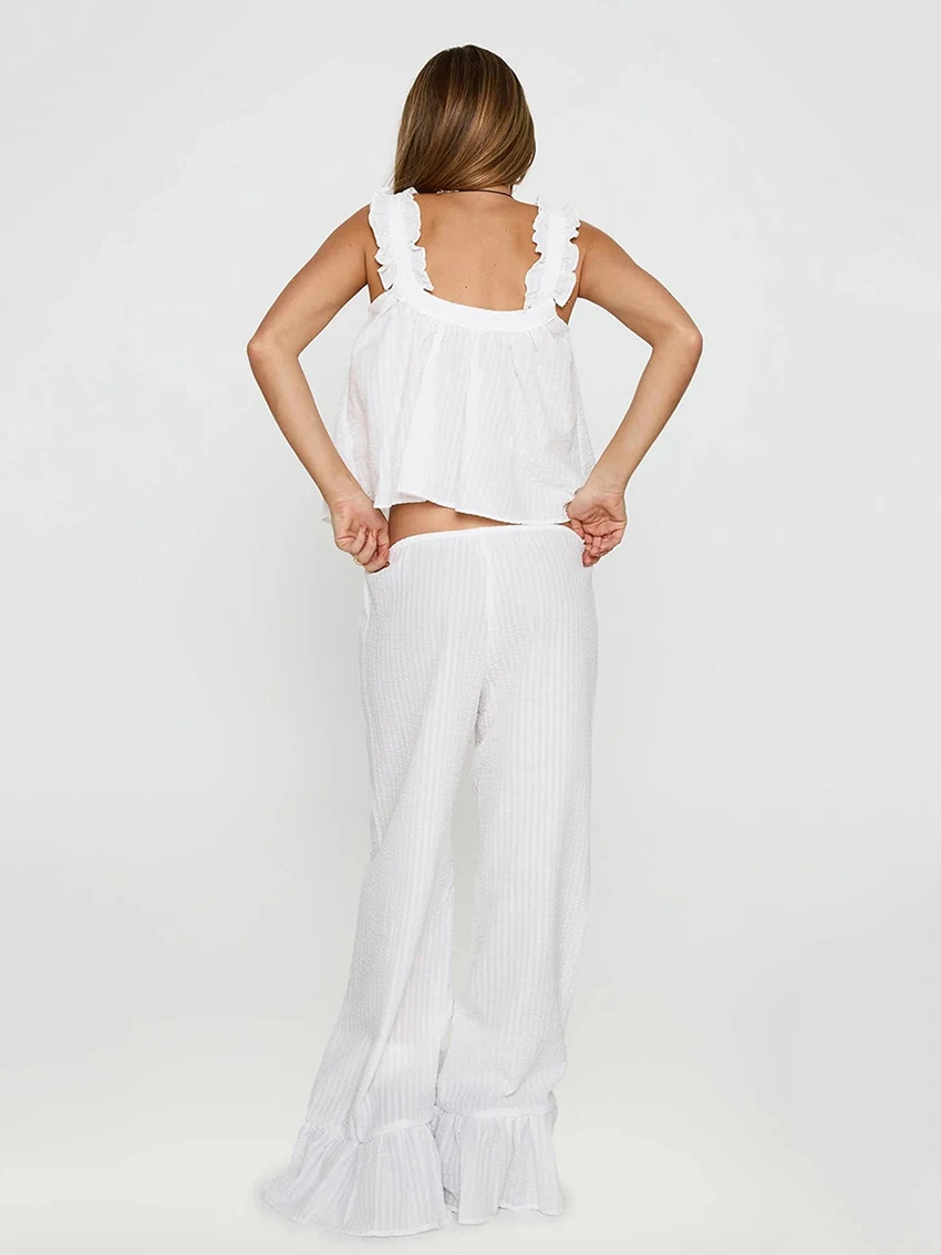 Marthaqiqi White Women Pajama Suit Tank Tops Sleepwear Backless Nightgown Square Collar Nightie Pants Loose Ladies Nightwear Set