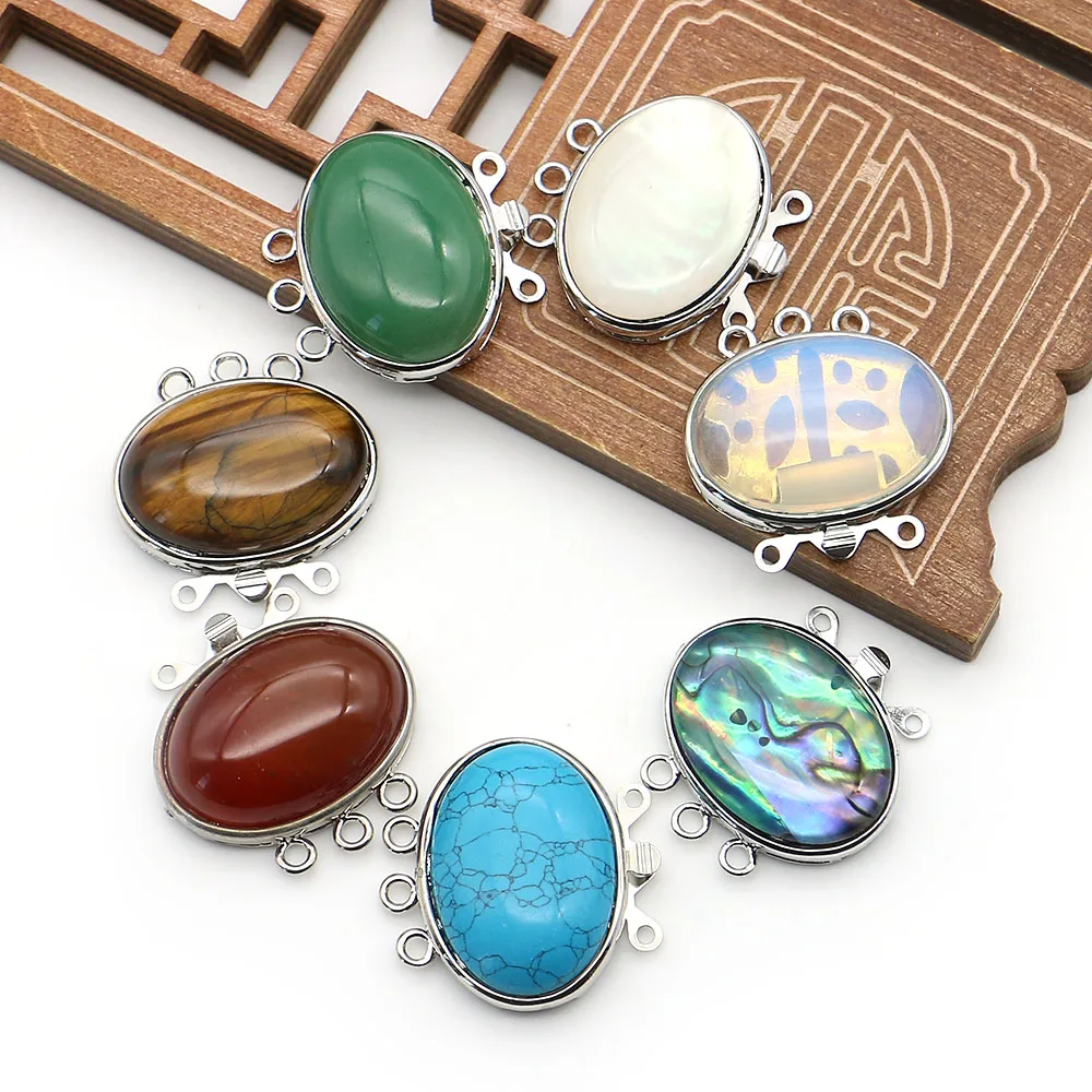 Creative Natural Stone Crystal Tiger Eye Polished Oval Three-Row Clasp Pendant 27x27mm for DIY Necklaces Bracelets Jewelry