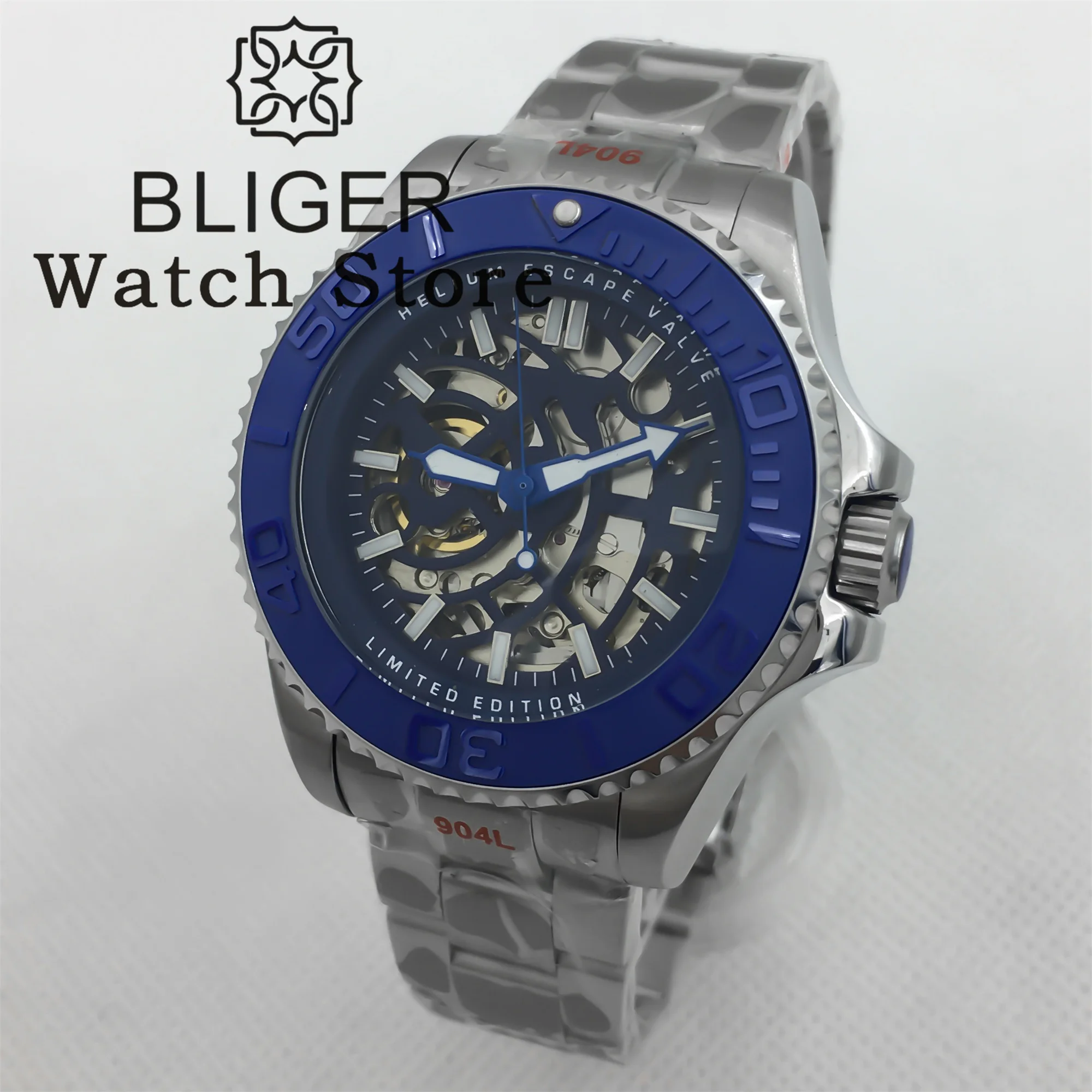 BLIGER 43 مللي متر الهيكل العظمي المجوف NH70 ساعة للرجال الصلب غواص ساعة فاخرة اليد الزرقاء Reloj Hombre عميق مقاوم للماء 904L سوار