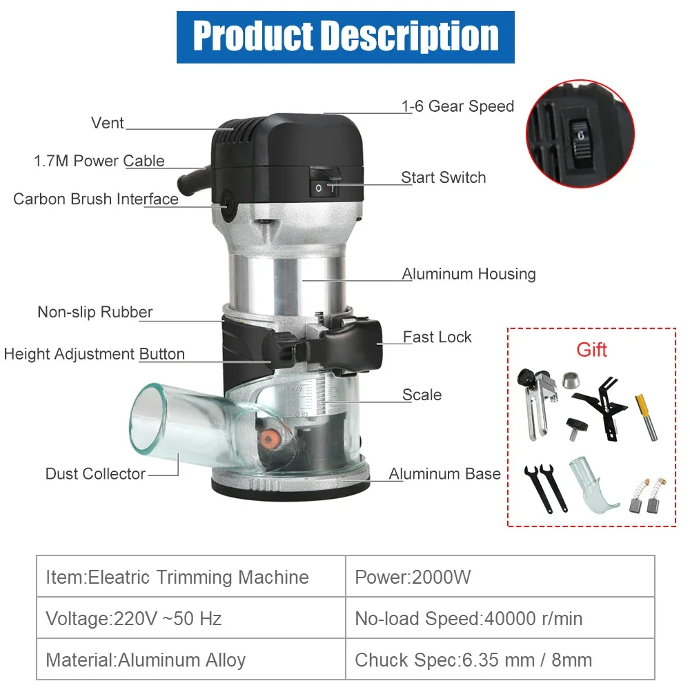 Enrutador de madera eléctrico de 2000W y 6 velocidades, cortador de madera de 6,35/8mm, 220V, enchufe europeo, fresadora de madera, herramientas de