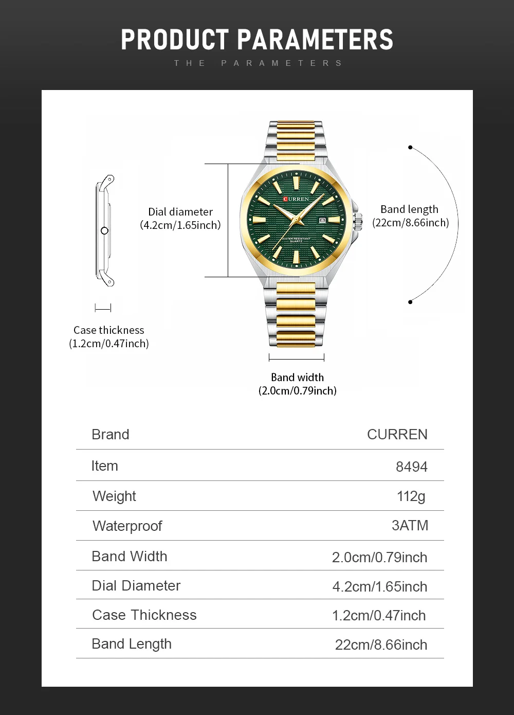 CURREN Luxus-Herren-Quarzuhr mit schwarzem Edelstahlarmband, lässigem Design-Zifferblatt und leuchtenden Zeigern Relogio Masculino – Detail 1