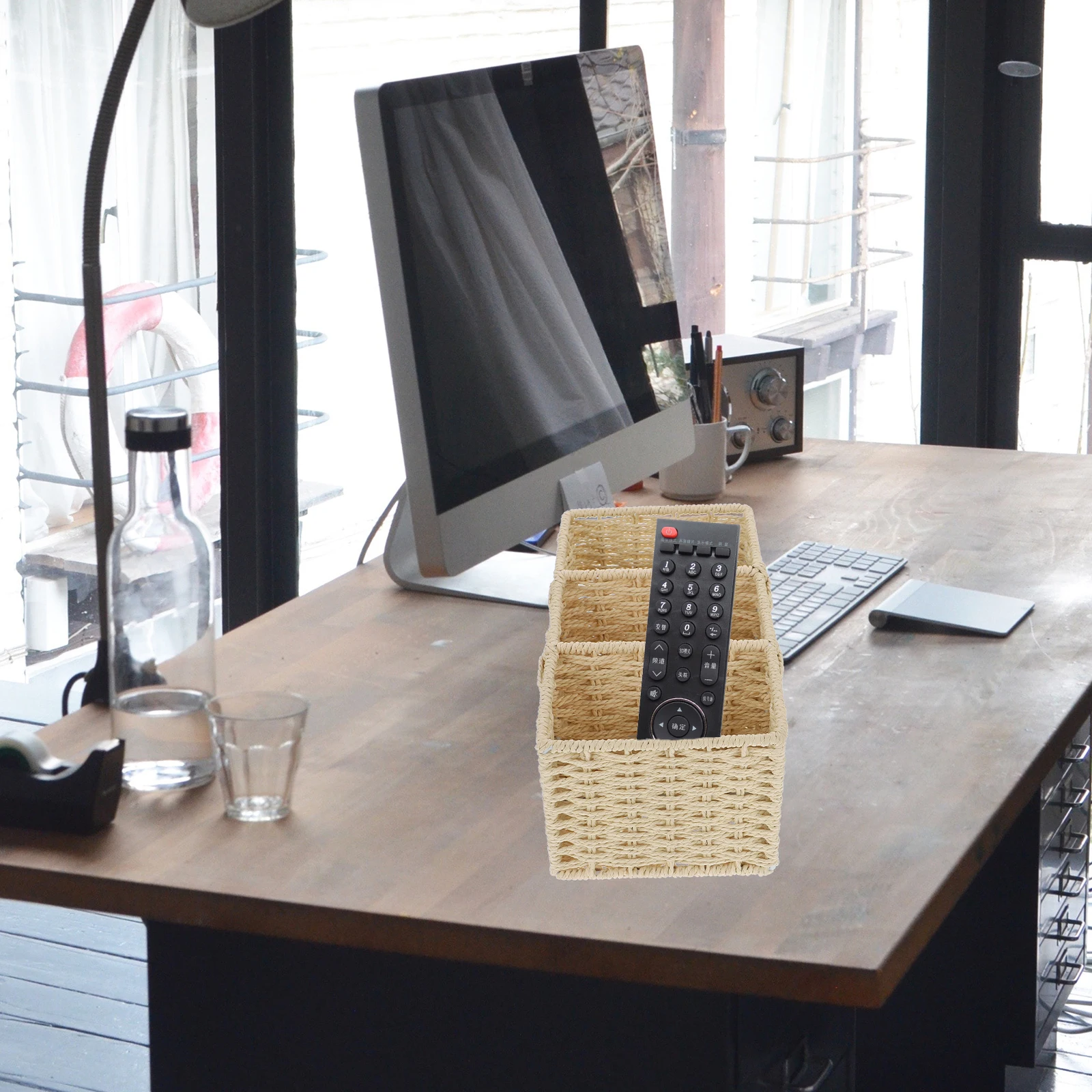 

Desktop Storage Box 3-Compartment Organizer Remote Control Holder Woven Basket Paper Rope Natural Style Home Use Decorative