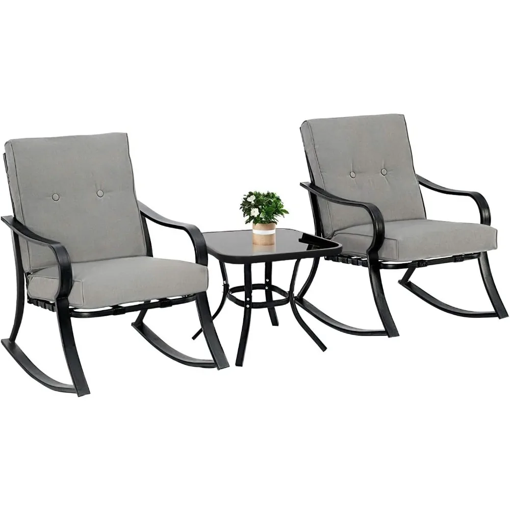 Oakmont Outdoor Furniture 3 Piece Conversation Bistro Set Rocking Chairs and Glass Top Table, Thick Cushions, Black Steel (Grey)