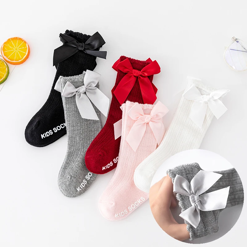 Infant Bow Socks Spring Fall Newborn Baby Girls Kids for Christmas Winter Non-slip Cotton Princess Knee High Long Socks