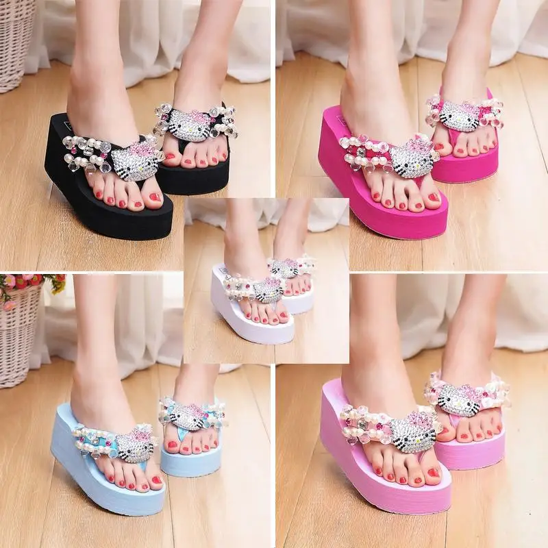 Anime Kawaii Sanrios Slippers Hellokittys Girl Flip Flops Rhinestones Gem Pearl Beach Thick Sole Rubber Send Gifts To Friends