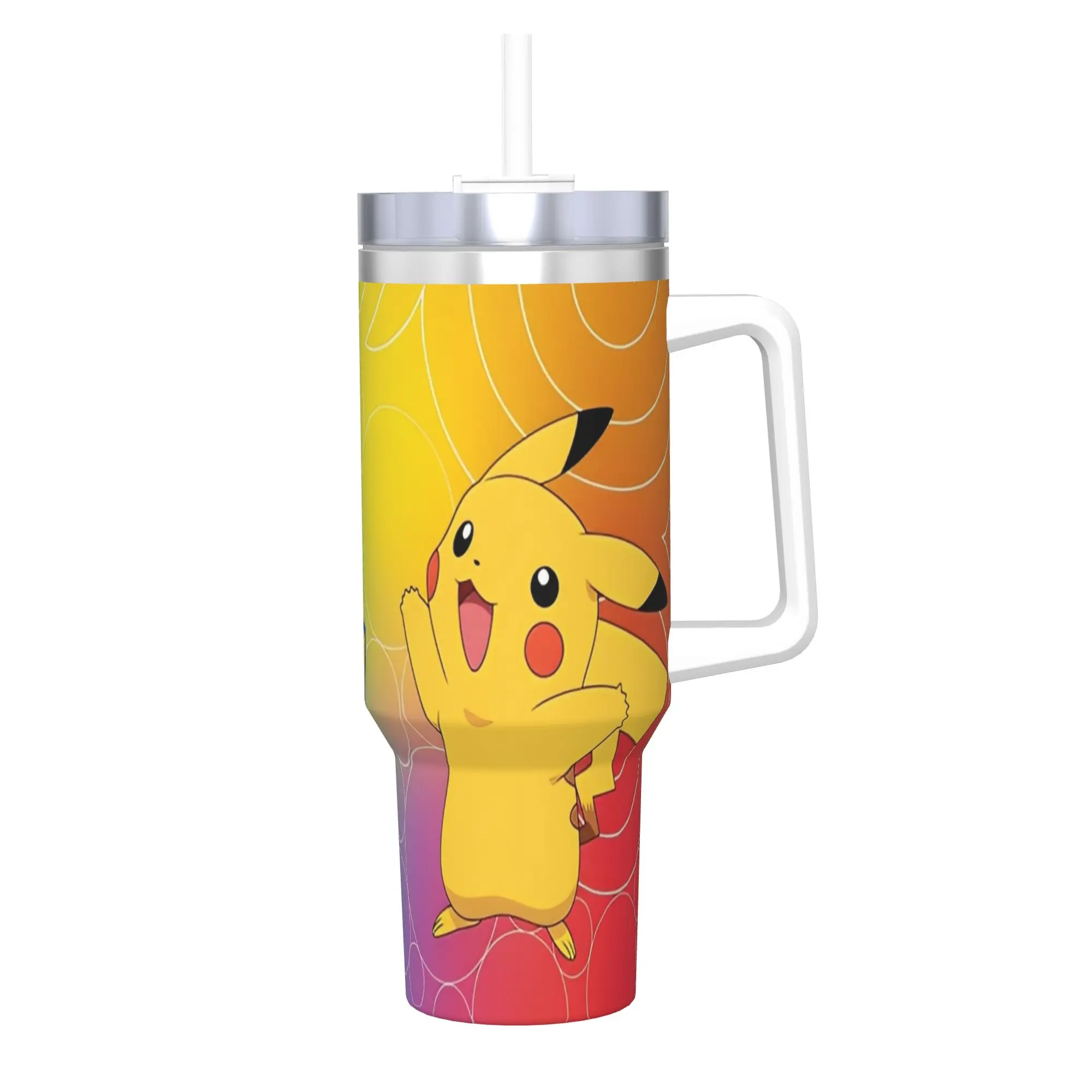 

Cartoon Poke-mon Pikachu Insulated Tumbler with Straws Lid Stainless Steel Coffee Mugs Office Home Water Bottle Cup, 40oz