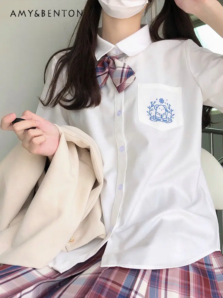 

Spring and Autumn Women's Cartoon Embroidery Long Sleeve Turn-down Collar Shirt Japanese Style Student White JK Uniform