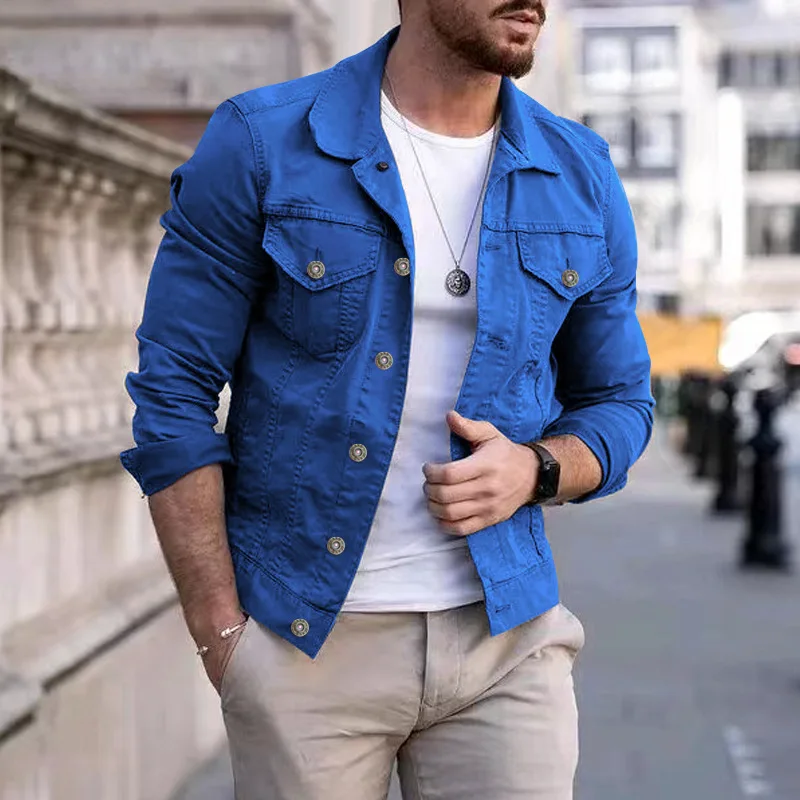 

Men Jacket fashion casual slim streetwear multi-pocket button tooling jacket lapels Long Sleeve Casual Men's Denim Clothing