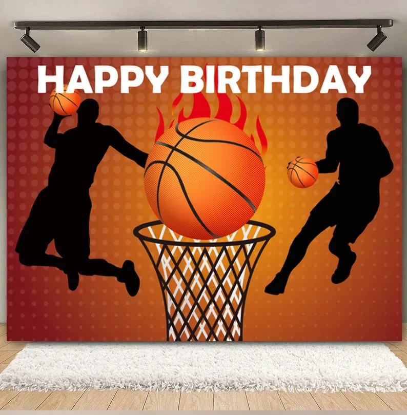 Fiesta de cumpleaños de niño, tema de cancha de baloncesto, decoración de fondo, reuniones deportivas apasionadas, accesorios de fotografía, carteles, pancartas