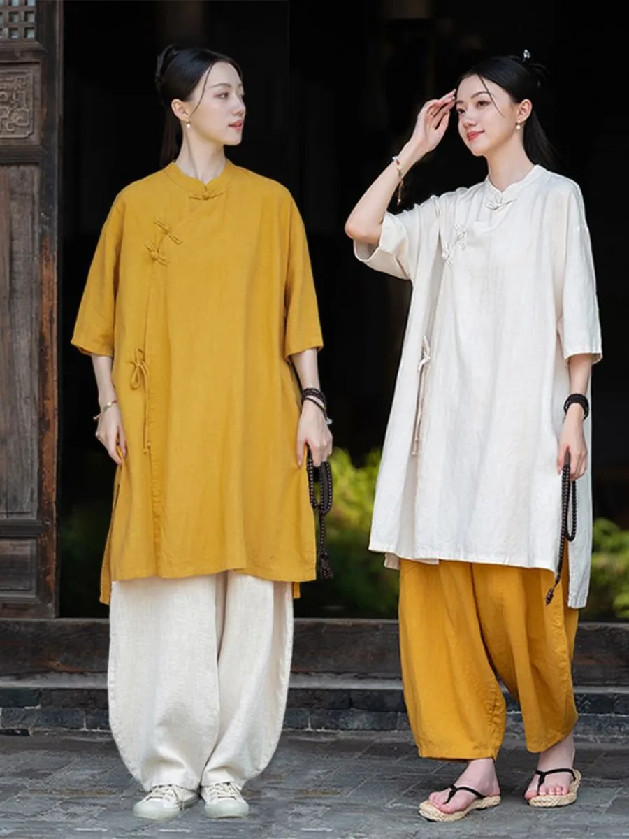 

New Cotton Linen Shirt Loose Fit Mid-Length Medium Sleeve Practice Clothing Plain Attire Taoist Robe Zen Temple Style Shirt