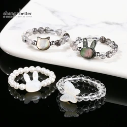 Natural Black Rutilated Quartz Cute Rabbit Bead Rings Women Fashion Chic Crystal Stretchable Reiki Healing Yoga Energy Rings