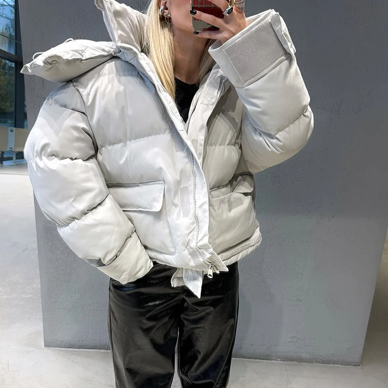 Kapuzenjacke mit Großen Taschen, Übergroße Gefütterte Jacken für Damen, Street-Style, Stehkragen, Lange Ärmel, Reißverschluss, Einfarbig, Lose Pufferjacken, Neue Oberbekleidung – Detail 20